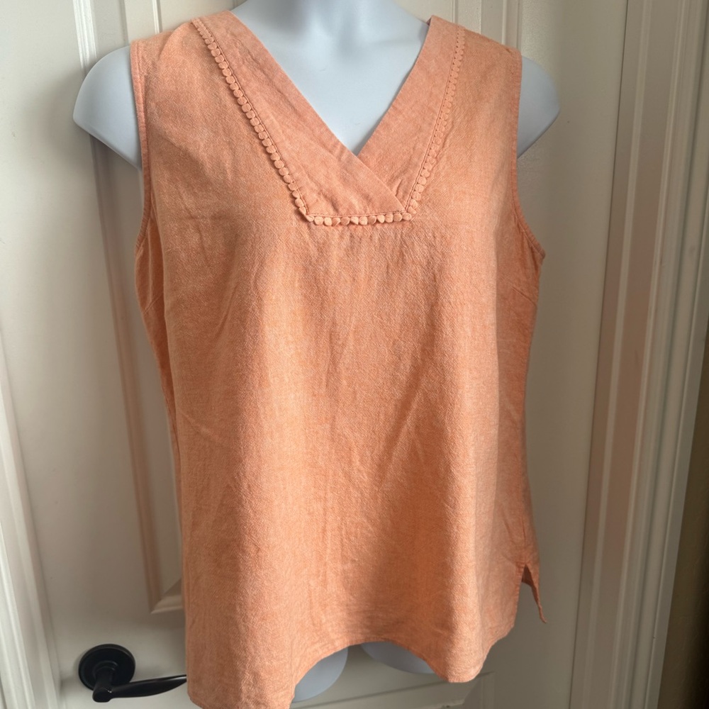 Talbots Linen Tank/Tunic Peach Linen Blend Sleeveless V-Neckline Embellished, XL